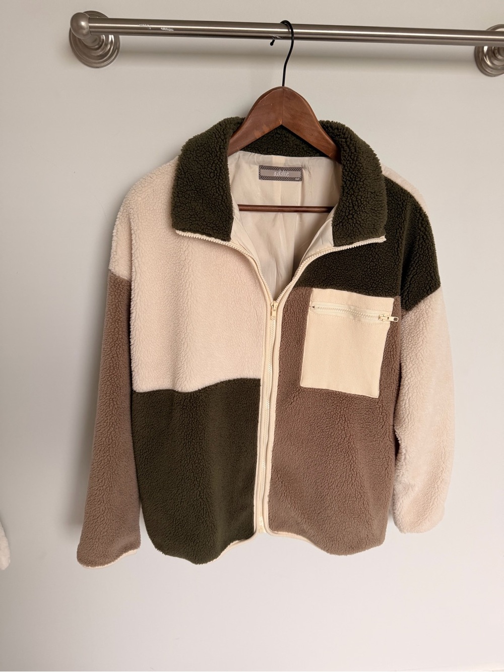 Addie- Colorblock Sherpa Zip-Up Jacket for women - Olive, Cream & Brown- S